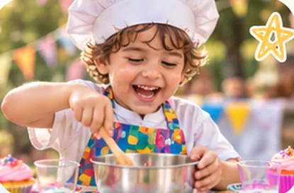 Niño con gorro de chef mezclando en un tazón