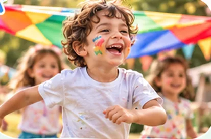 Niño corriendo y riendo en una fiesta