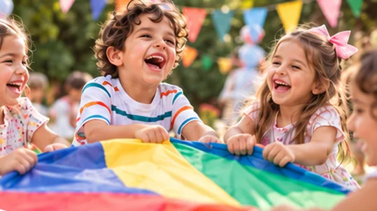 Grupo de peques jugando con un paracaídas de colores en una fiesta